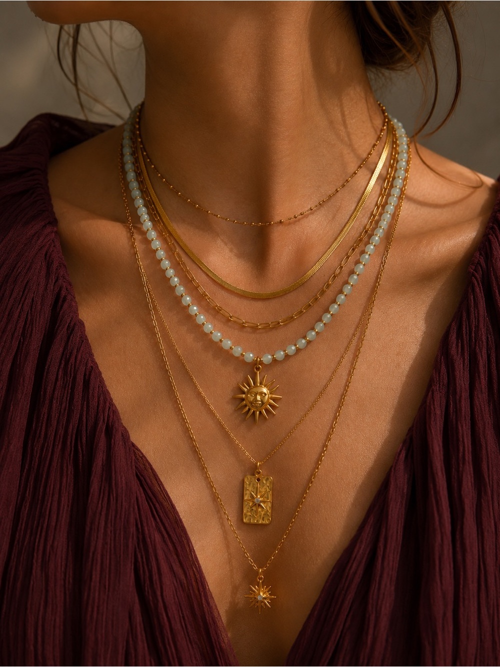 Gold Sun Pendant Necklace with Light Aqua Beads